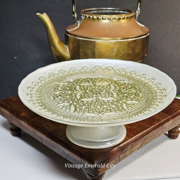 Vtg Turkish Glass White Cake Stand Pedestal Dessert Serving Platter Gold Lace - Picture 1 of 12